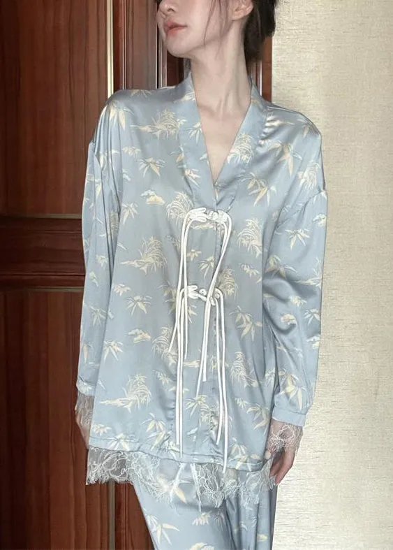 Chic Light Blue V Neck Print Button Ice Silk Pajamas Two Pieces Set Long Sleeve LY1871