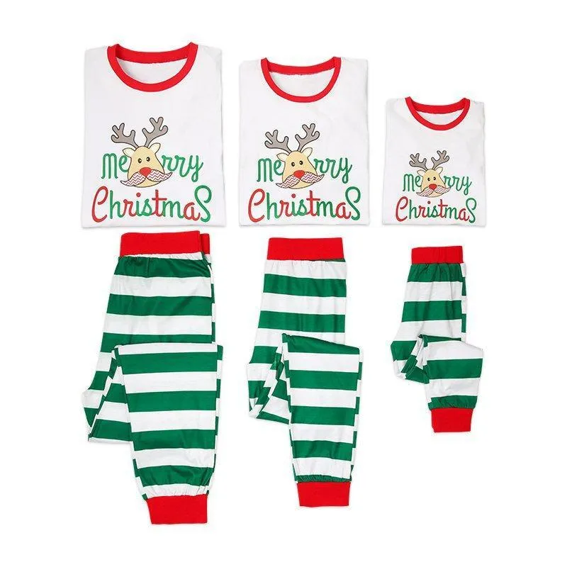 Christmas Cute Deer Top and Stripe Pants Family Matching Pajamas Set