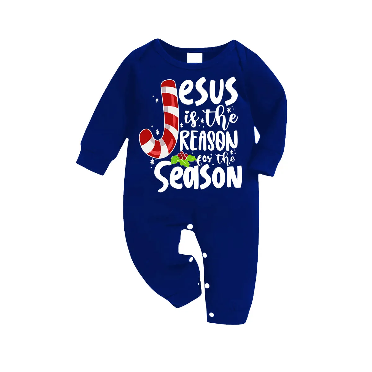 Christmas Lollipop Jesus White Letter Prints Contrast Blue Long Sleeve with Blue and White Plaid Pants Family Matching Pajamas