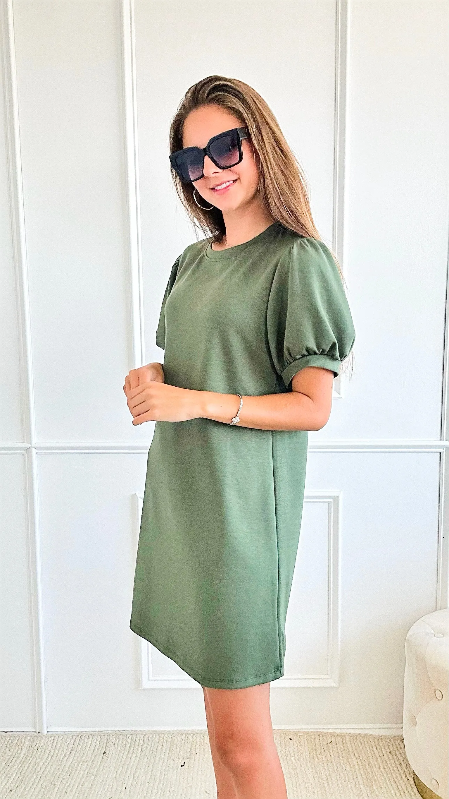Classic Charm Italian Puff Sleeve Dress - Olive