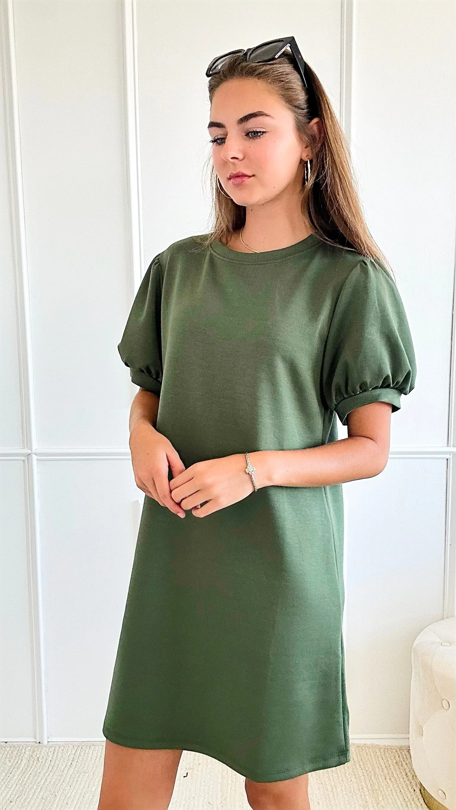 Classic Charm Italian Puff Sleeve Dress - Olive