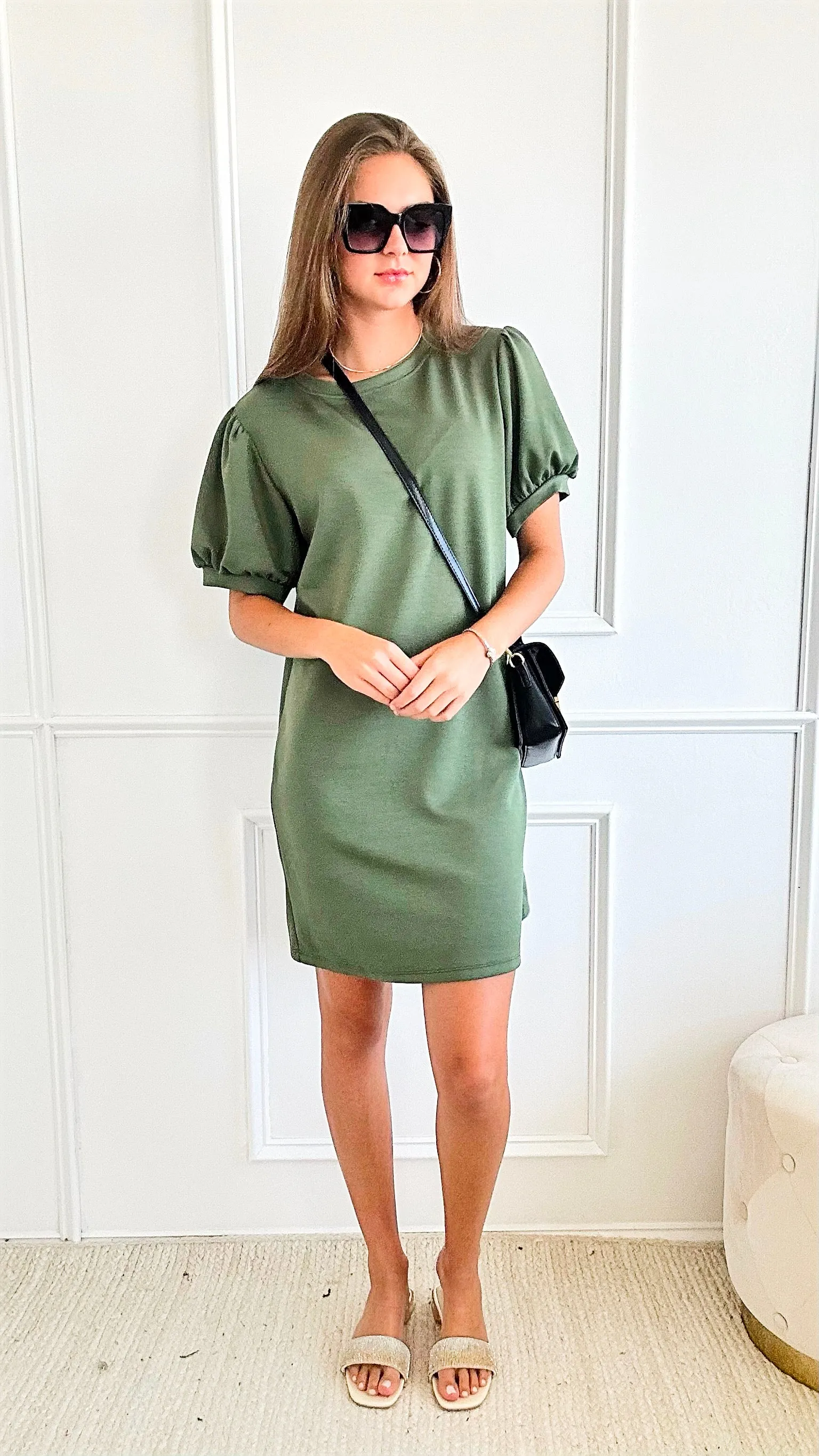 Classic Charm Italian Puff Sleeve Dress - Olive