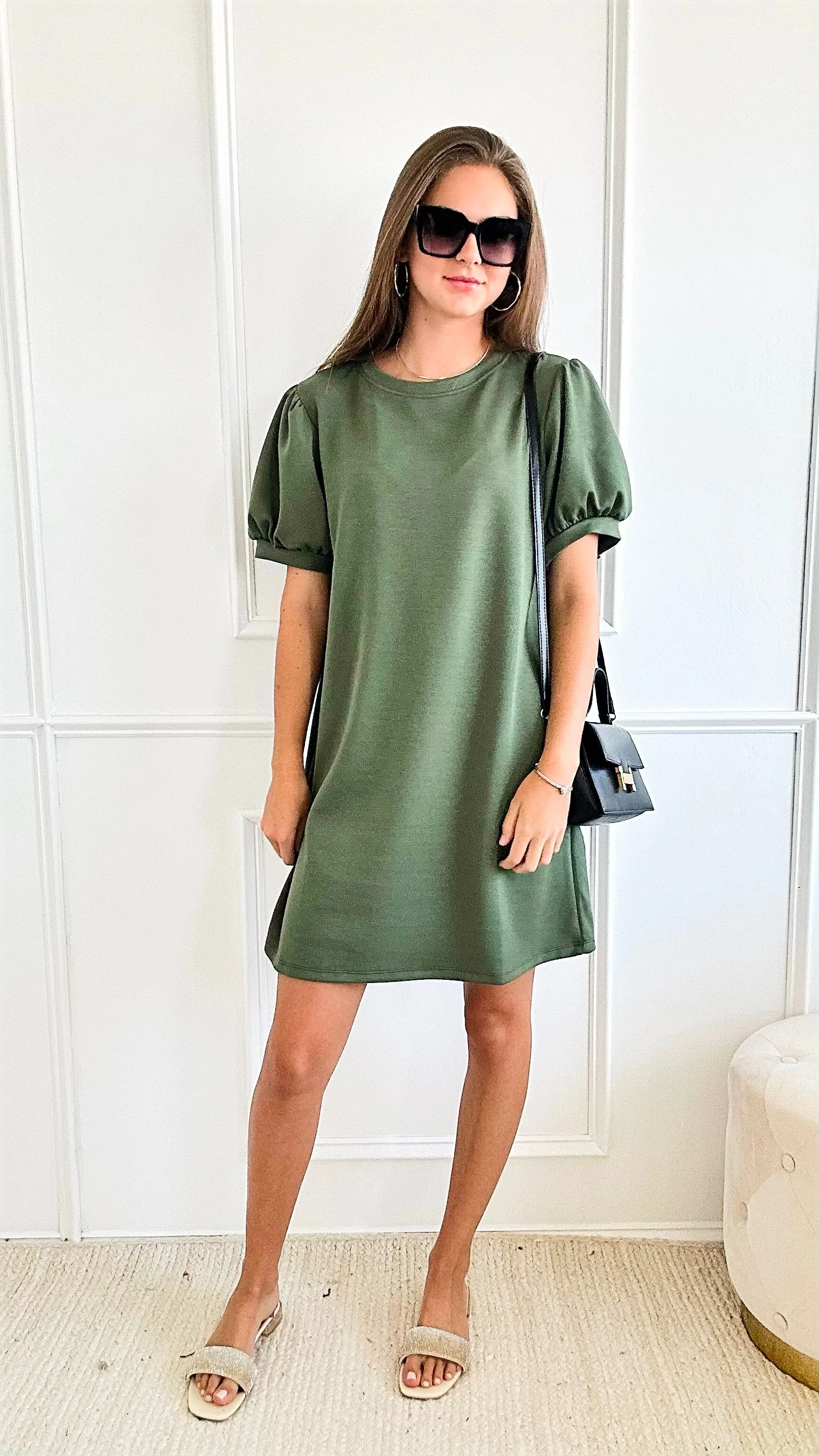 Classic Charm Italian Puff Sleeve Dress - Olive