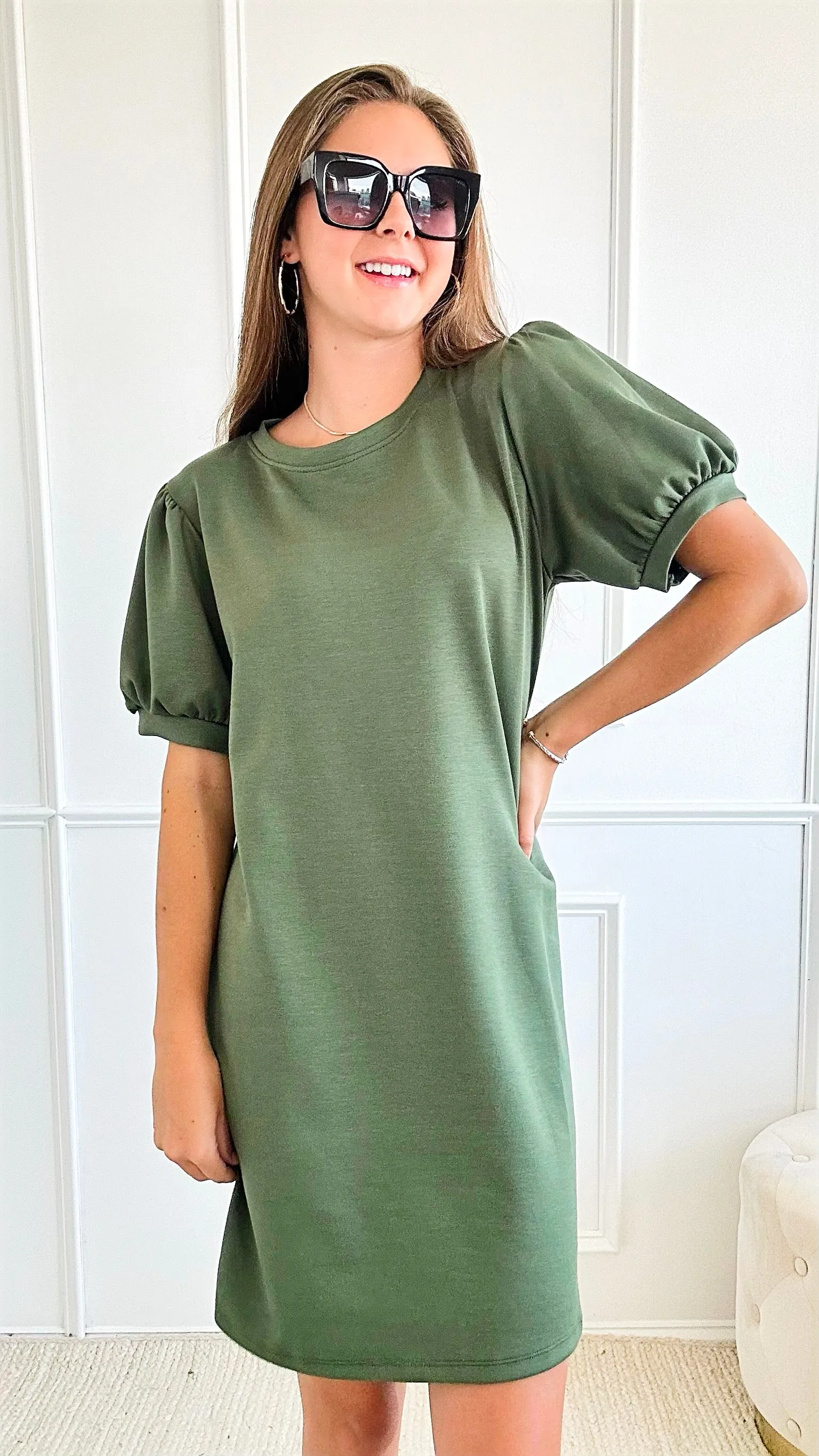 Classic Charm Italian Puff Sleeve Dress - Olive