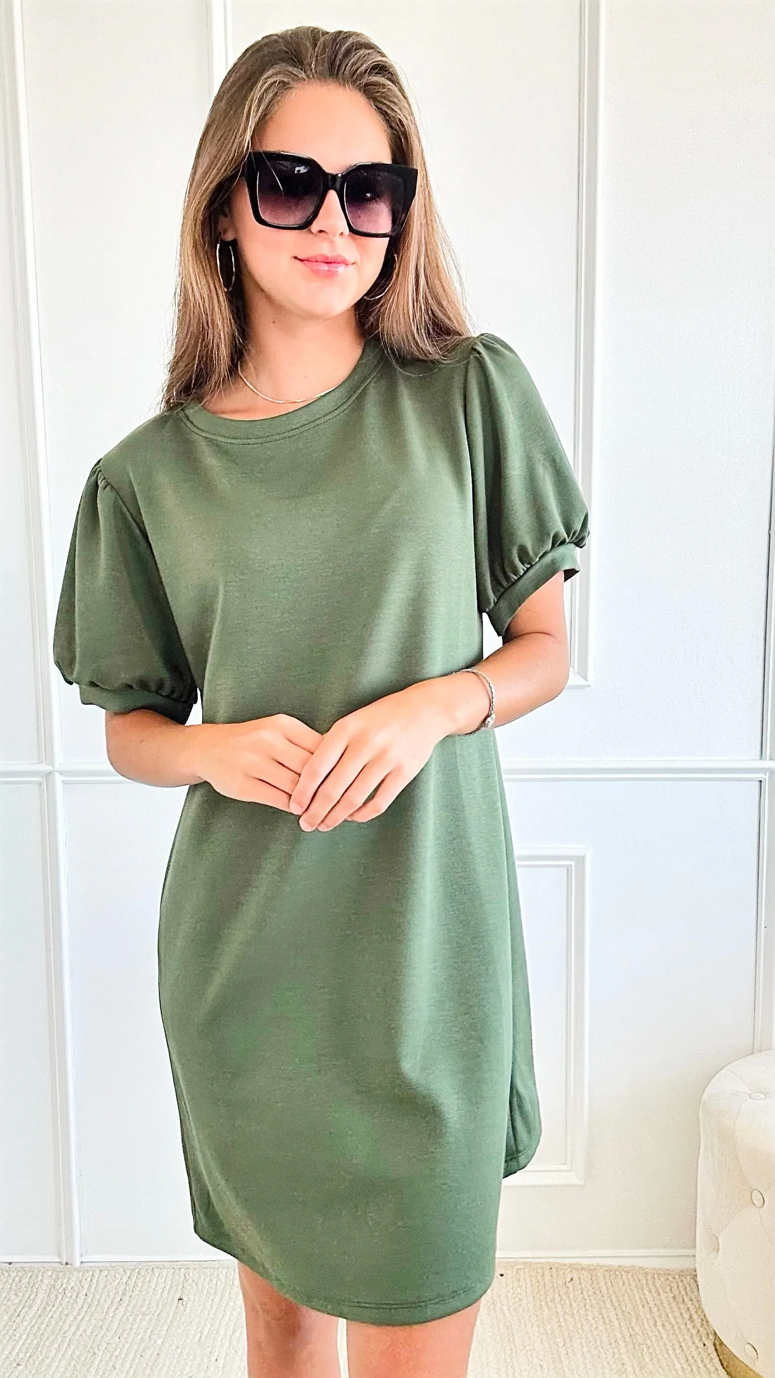 Classic Charm Italian Puff Sleeve Dress - Olive
