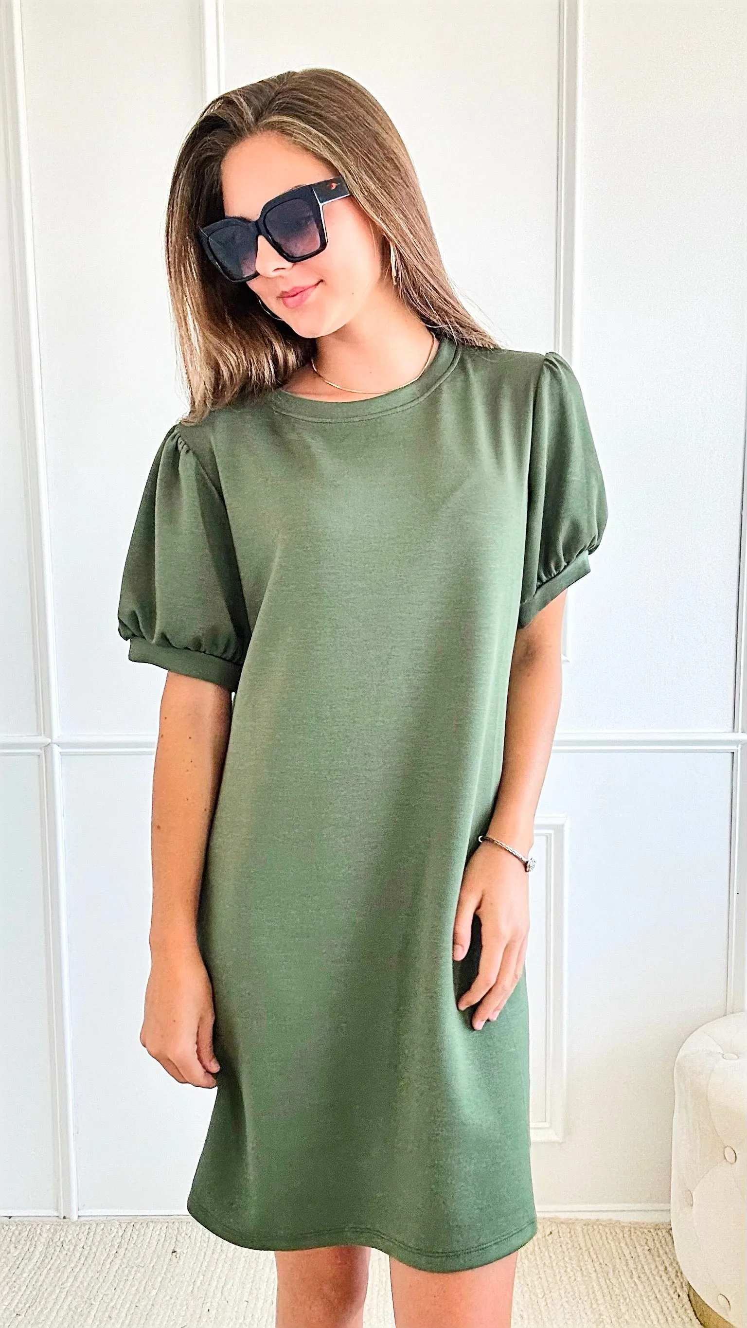 Classic Charm Italian Puff Sleeve Dress - Olive