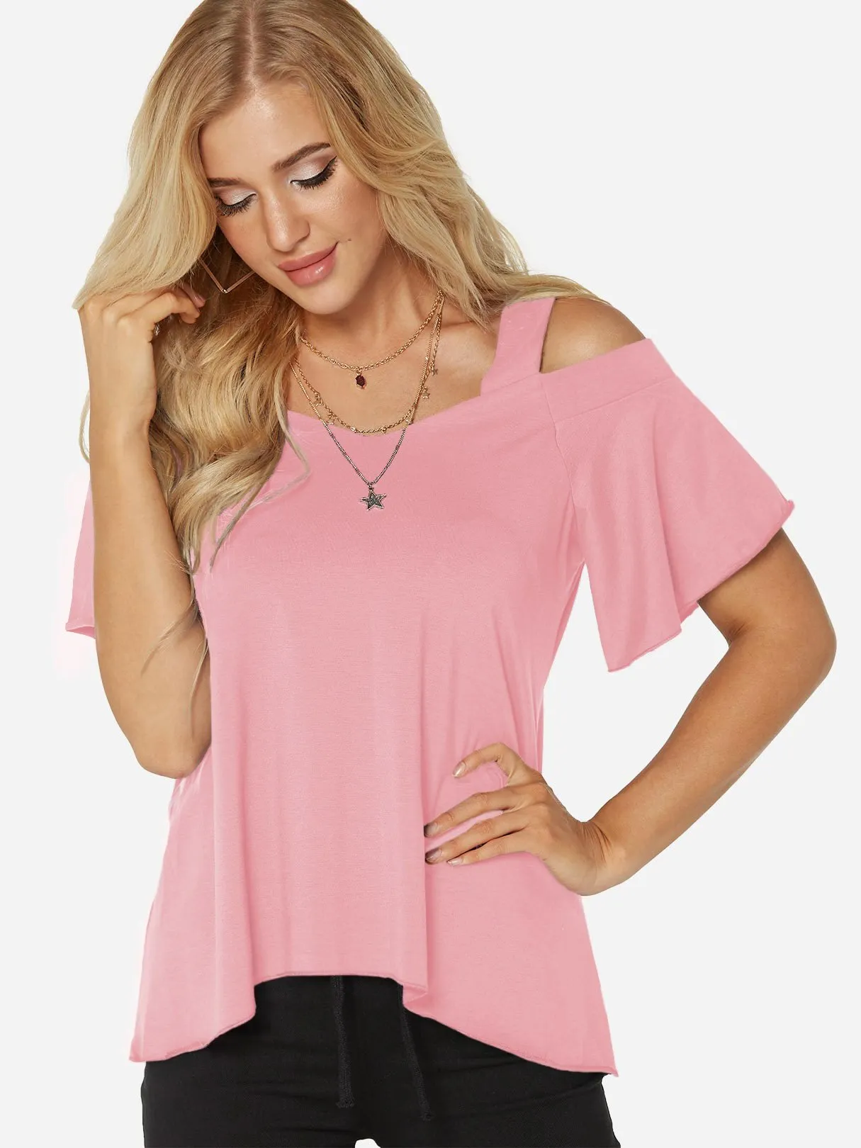 Custom Cold Shoulder Plain Short Sleeve T-Shirt