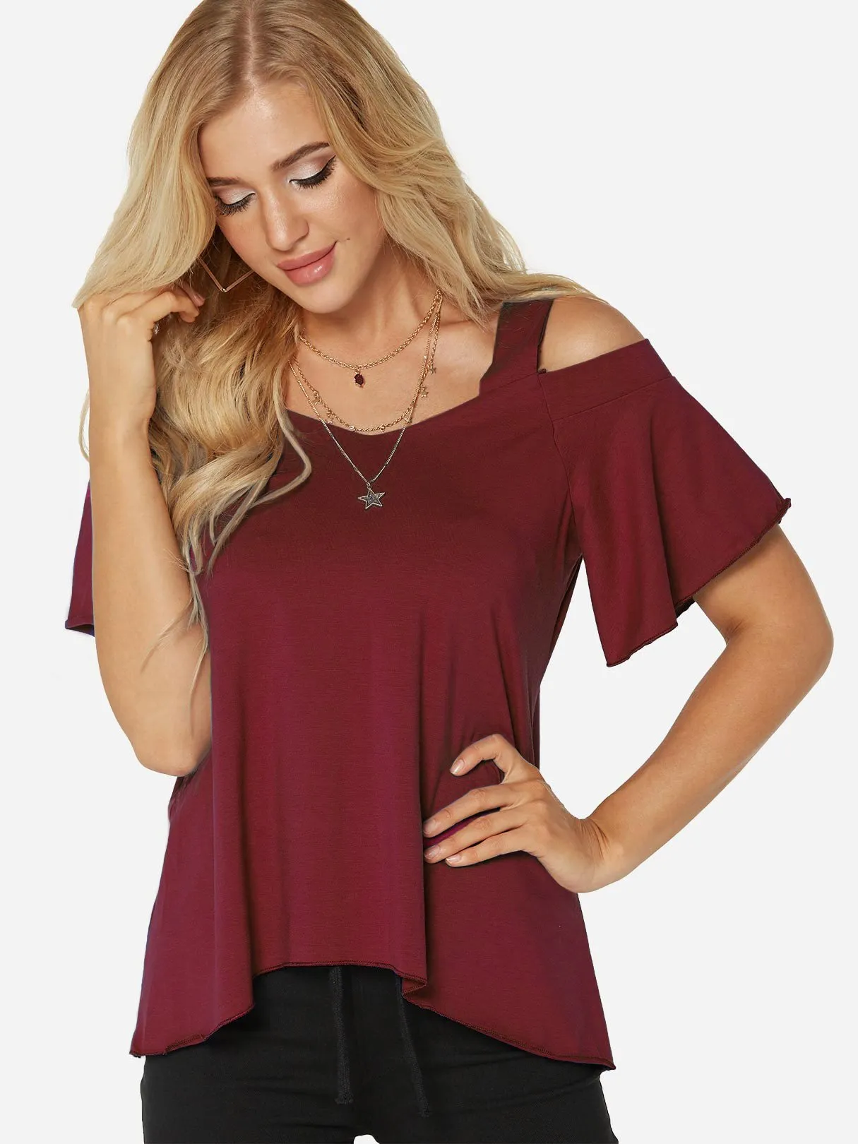 Custom Cold Shoulder Plain Short Sleeve T-Shirt