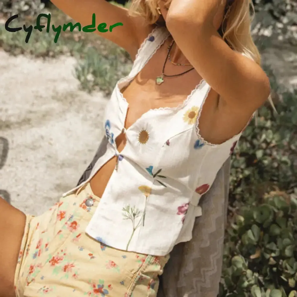 Cyflymder French Romance Feminine Lace Trim Tank Tops Chic Women Button Front Crop Top Y2K Fairy Retro Mini Vest Summer Sleeveless Clothes