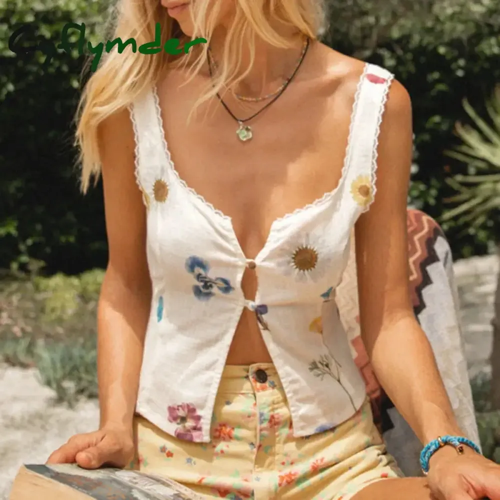 Cyflymder French Romance Feminine Lace Trim Tank Tops Chic Women Button Front Crop Top Y2K Fairy Retro Mini Vest Summer Sleeveless Clothes