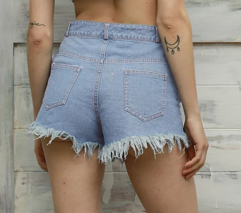 Denim High Waist Shorts With Two Pockets