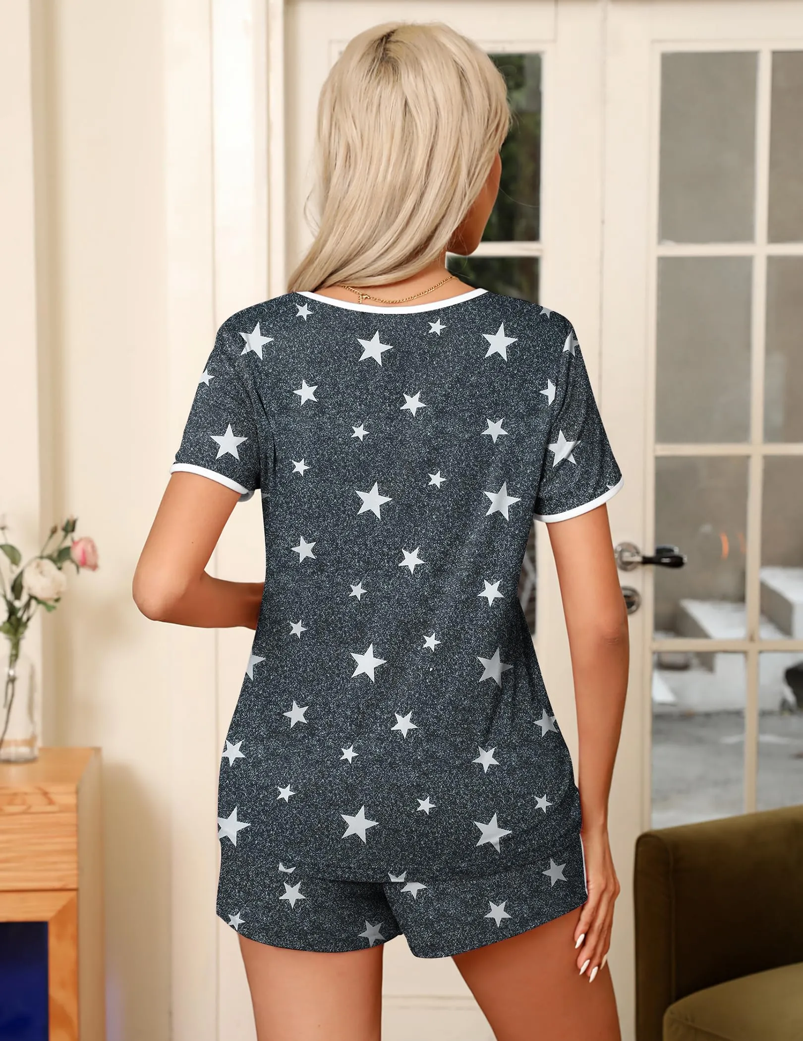 Ekouaer Pajama Set for Women 2 Piece Lounge Set Short Sleeve Tops and Shorts Soft Sleepwear, Chest Pocket
