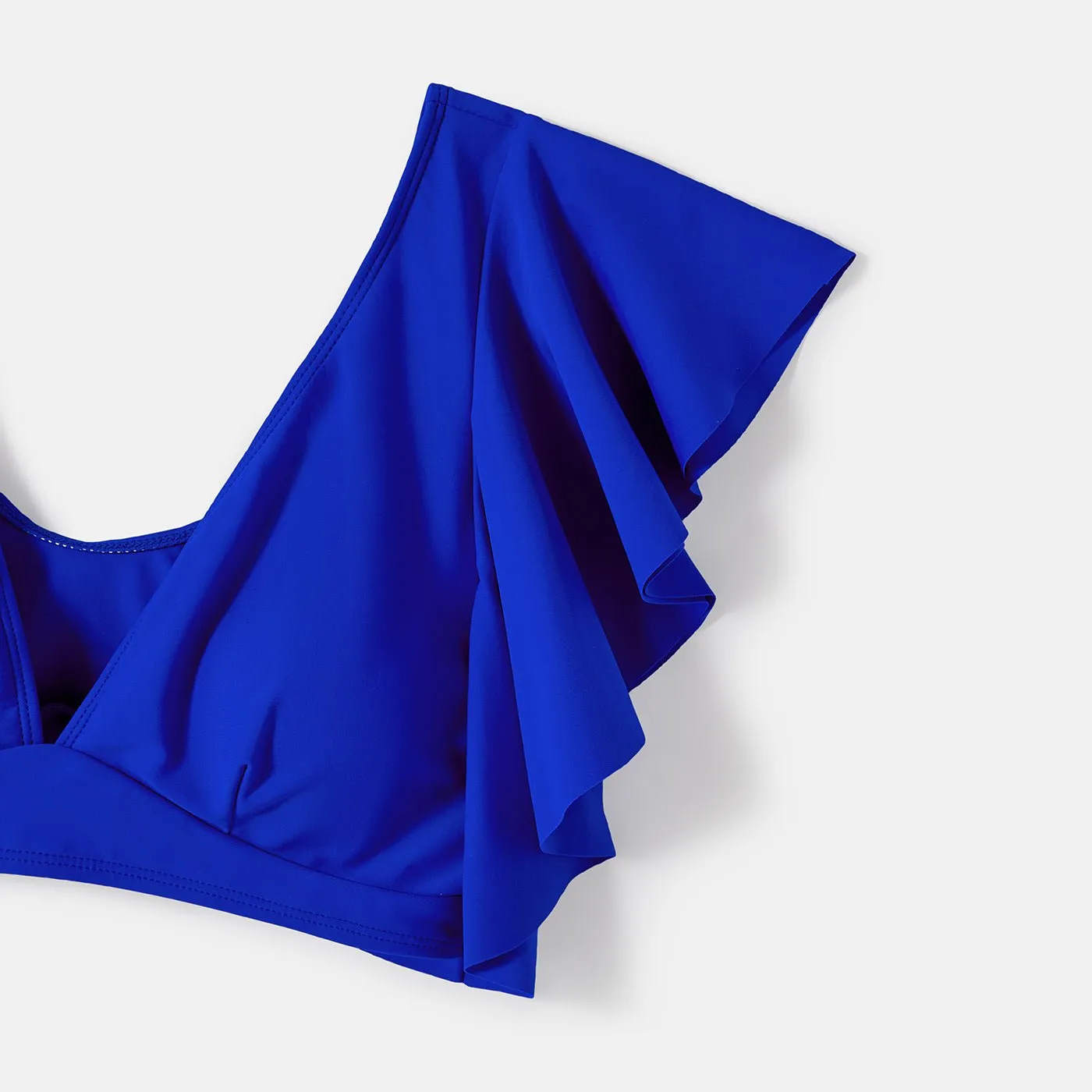 Family Matching Blue Ruffle Trim Two-piece Swimsuit and Letter Print Swim Trunks