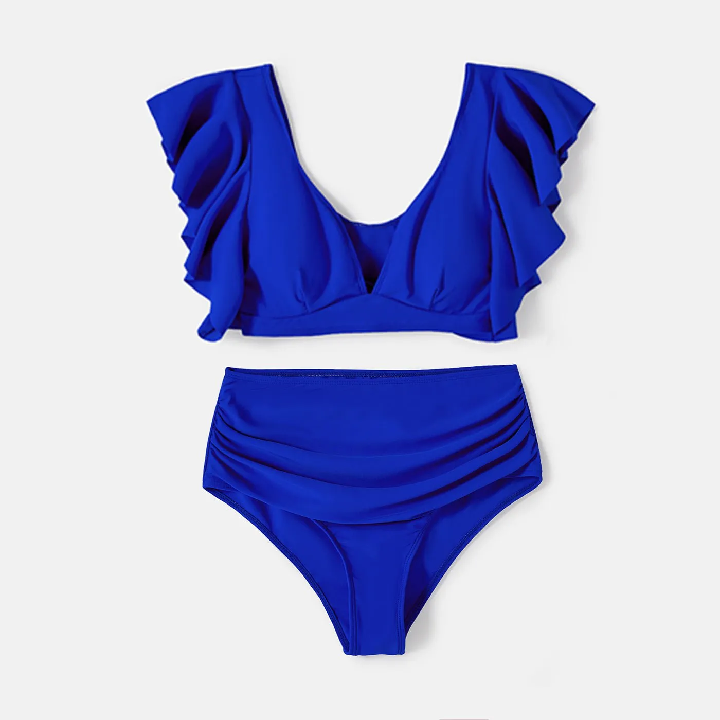 Family Matching Blue Ruffle Trim Two-piece Swimsuit and Letter Print Swim Trunks