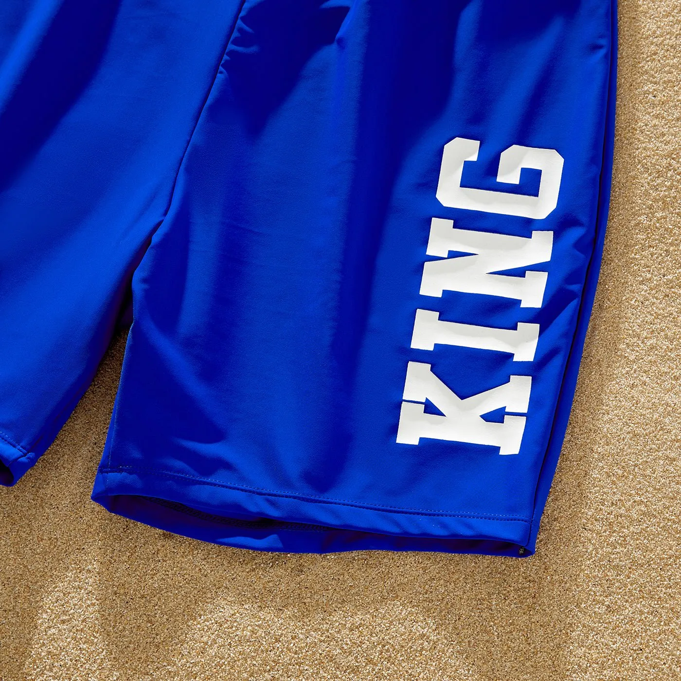 Family Matching Blue Ruffle Trim Two-piece Swimsuit and Letter Print Swim Trunks