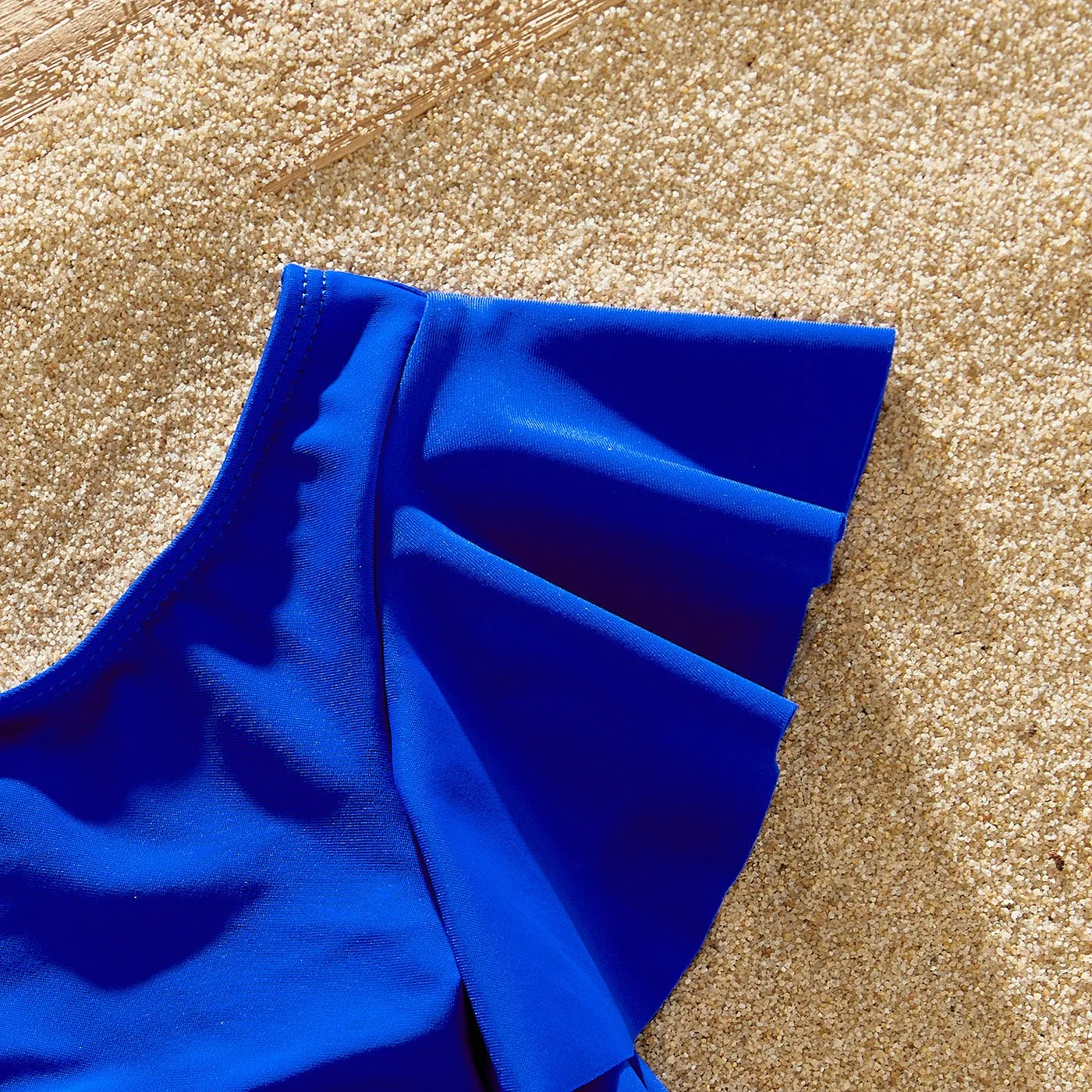 Family Matching Blue Ruffle Trim Two-piece Swimsuit and Letter Print Swim Trunks