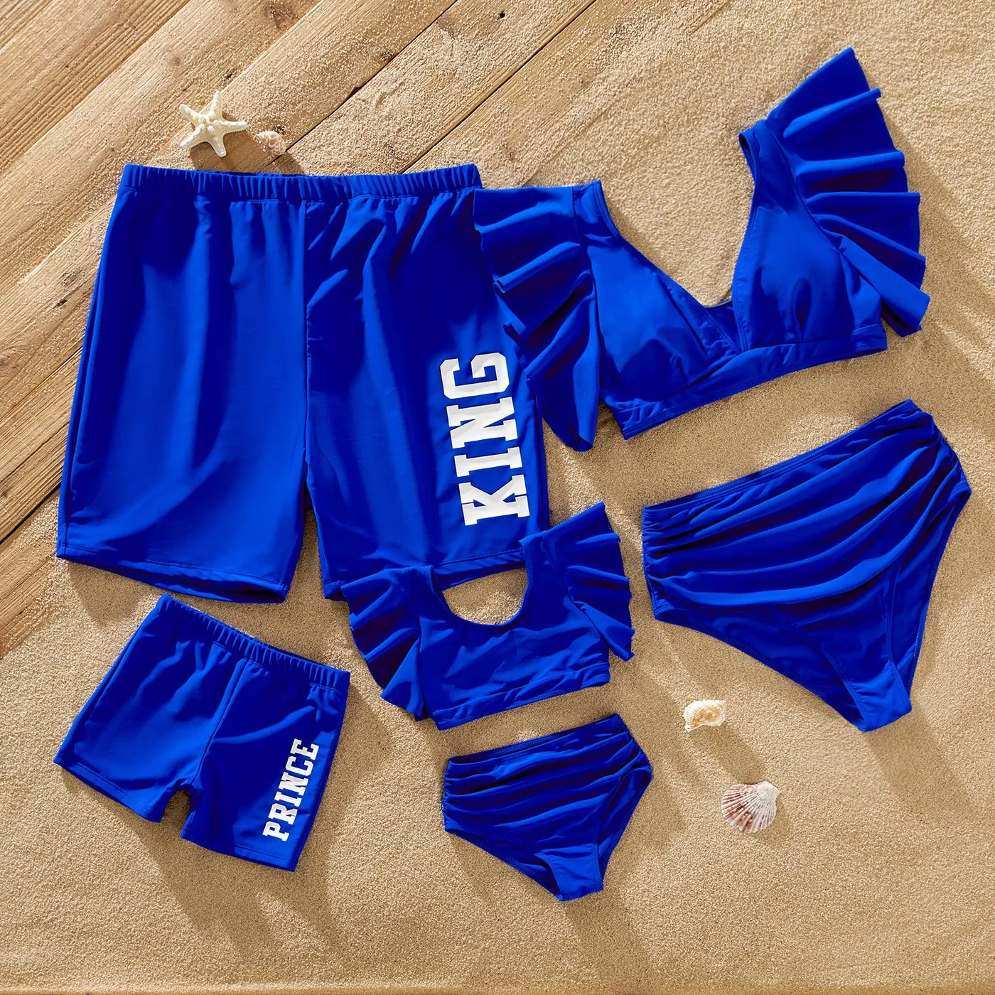 Family Matching Blue Ruffle Trim Two-piece Swimsuit and Letter Print Swim Trunks