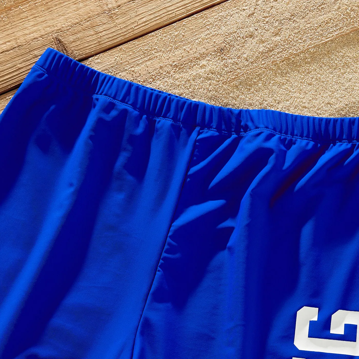 Family Matching Blue Ruffle Trim Two-piece Swimsuit and Letter Print Swim Trunks