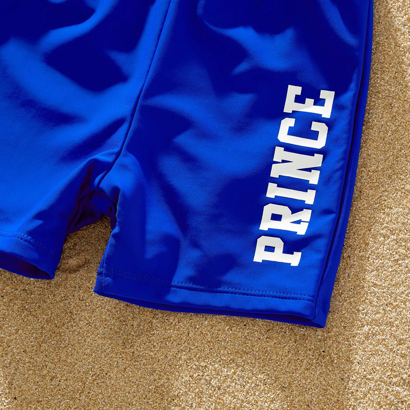 Family Matching Blue Ruffle Trim Two-piece Swimsuit and Letter Print Swim Trunks