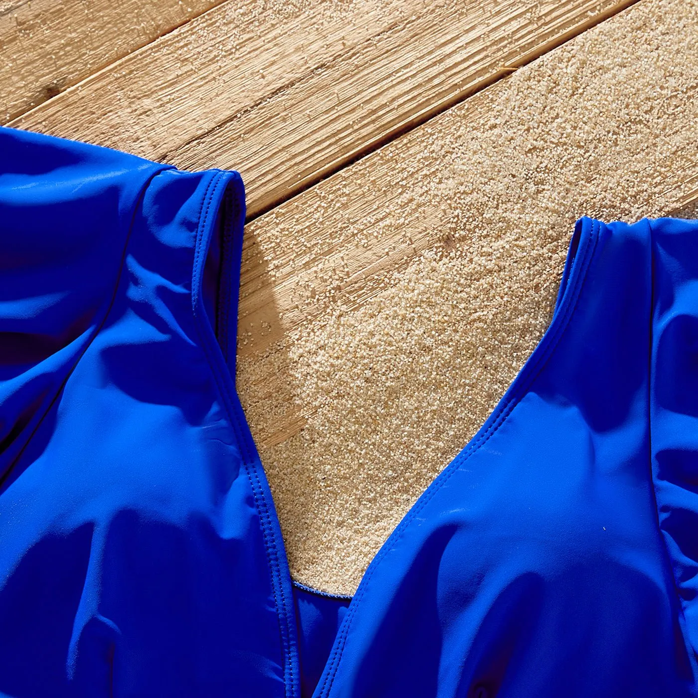 Family Matching Blue Ruffle Trim Two-piece Swimsuit and Letter Print Swim Trunks