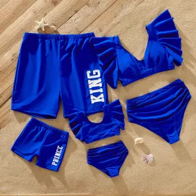 Family Matching Blue Ruffle Trim Two-piece Swimsuit and Letter Print Swim Trunks