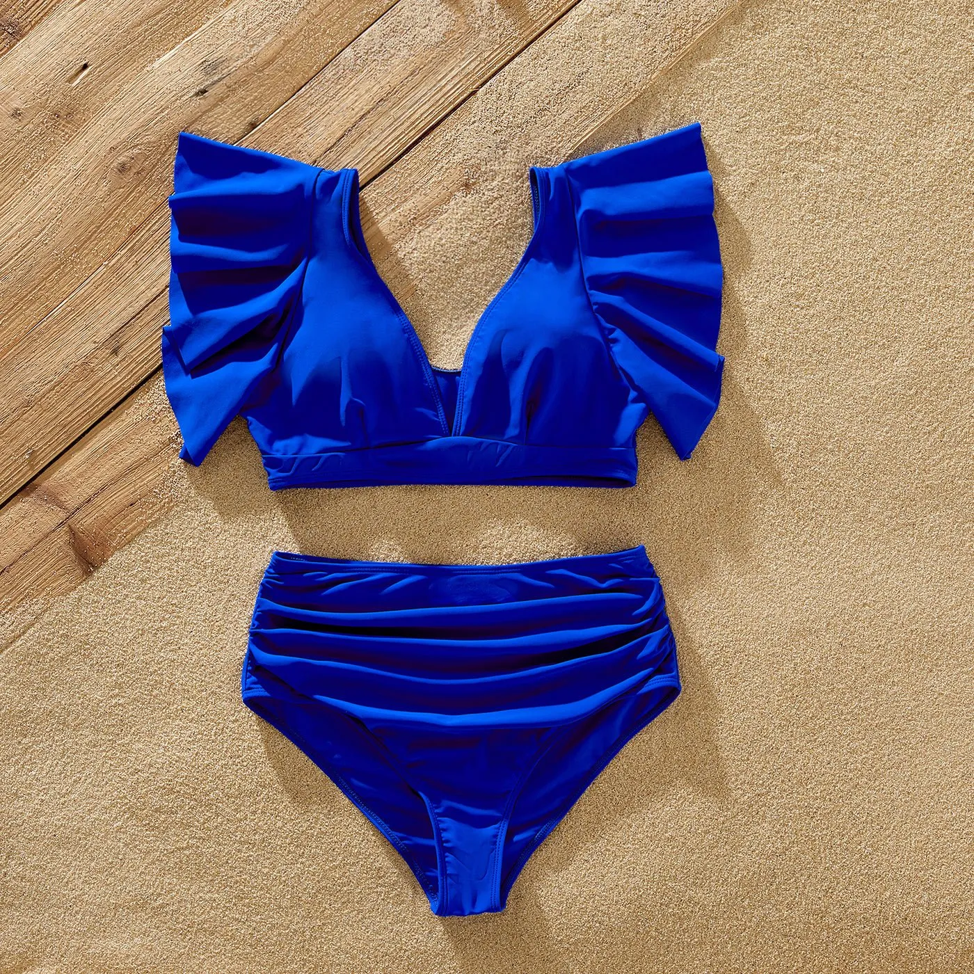 Family Matching Blue Ruffle Trim Two-piece Swimsuit and Letter Print Swim Trunks
