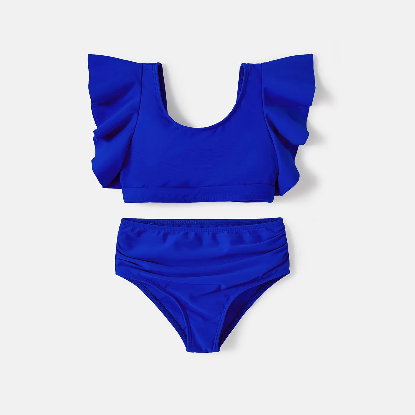 Family Matching Blue Ruffle Trim Two-piece Swimsuit and Letter Print Swim Trunks
