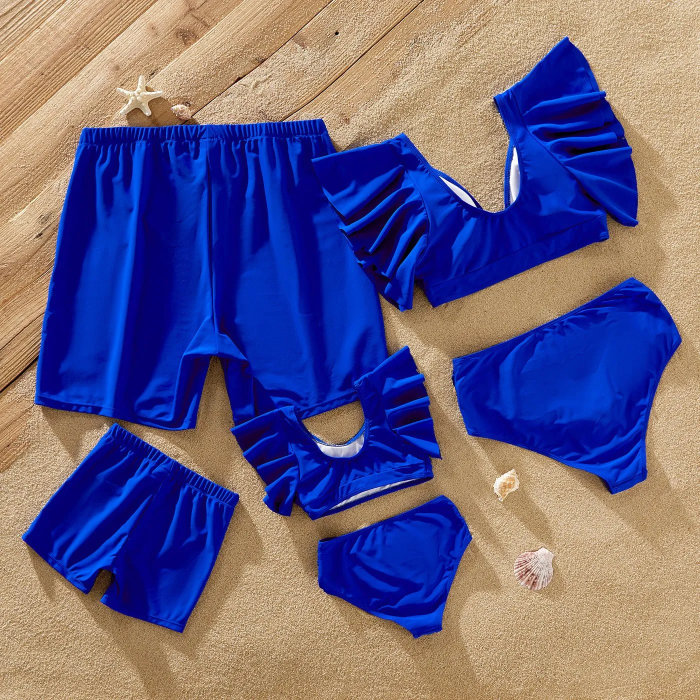 Family Matching Blue Ruffle Trim Two-piece Swimsuit and Letter Print Swim Trunks