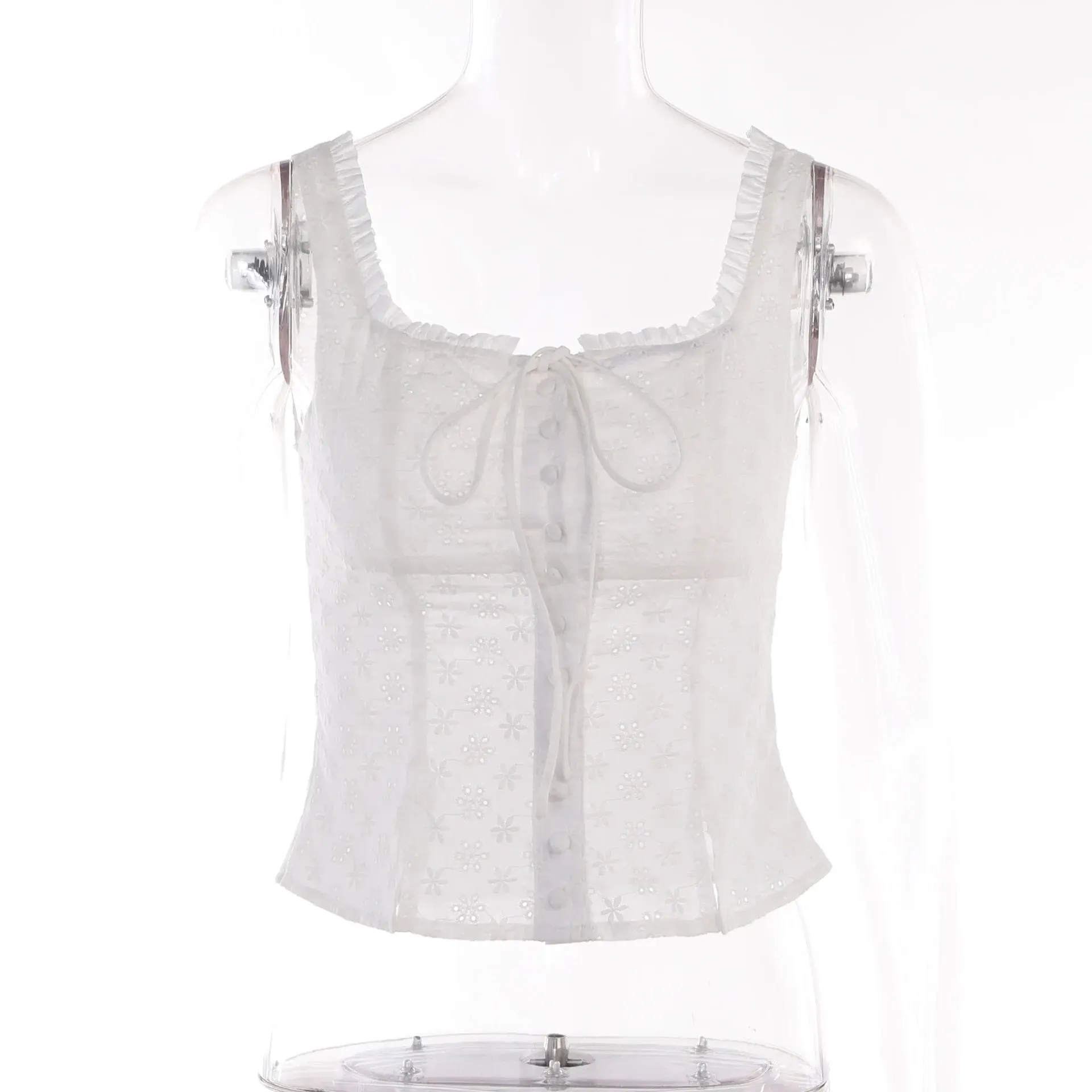 French Chic Vintage Tank Tops Jacquard Button Up Top Retro Square Neckline Rouched  Milkmaid Tops