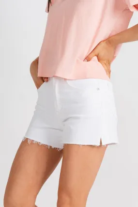 High rise fray hem denim shorts white