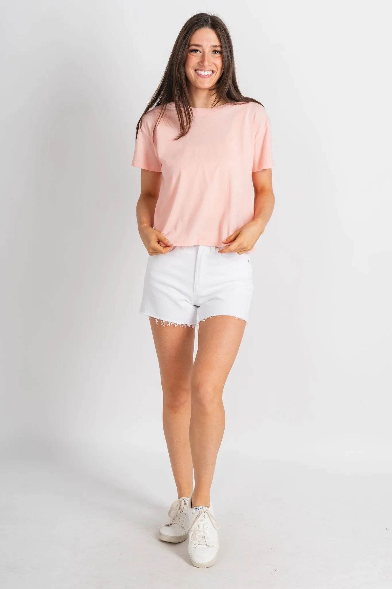 High rise fray hem denim shorts white