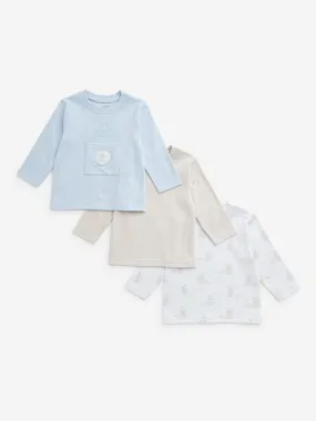 HOP Baby Light Blue Printed Cotton T-Shirt - Pack of 3