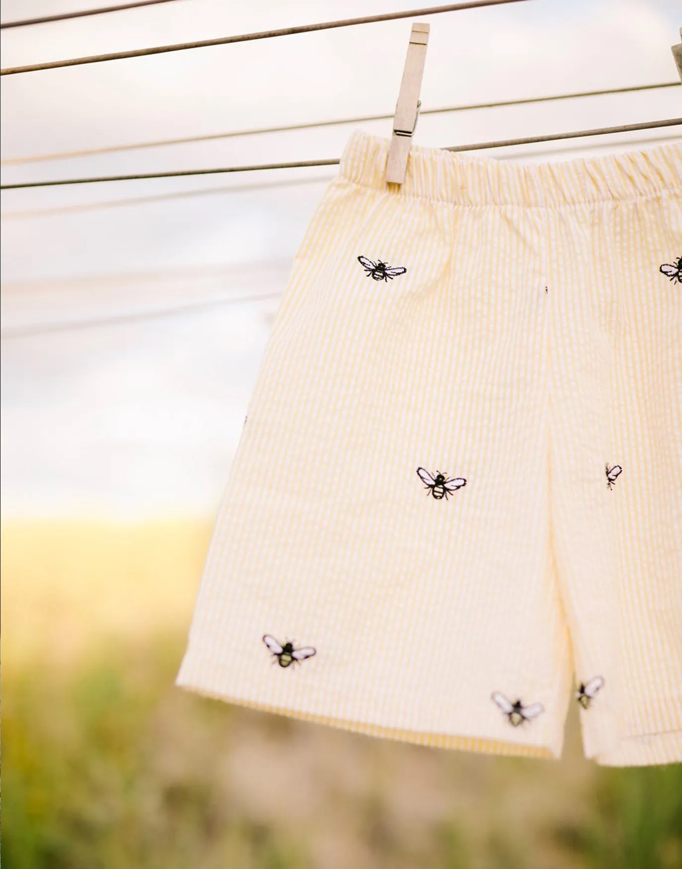 Kids Yellow Seersucker Shorts with Embroidered Honeybees