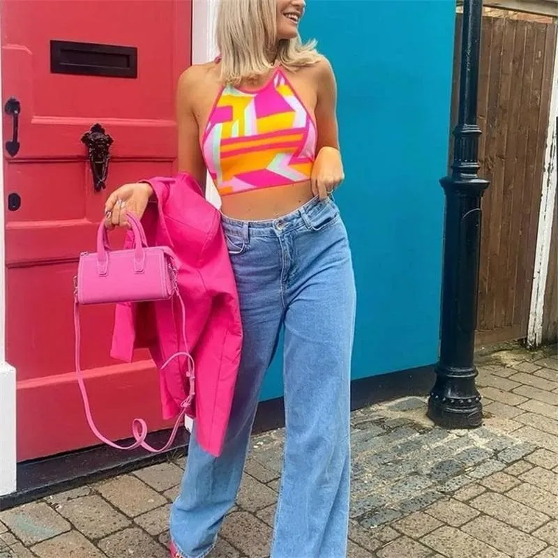 KNITTED HALTER GEOMETRIC STRAPPY CROP TOP