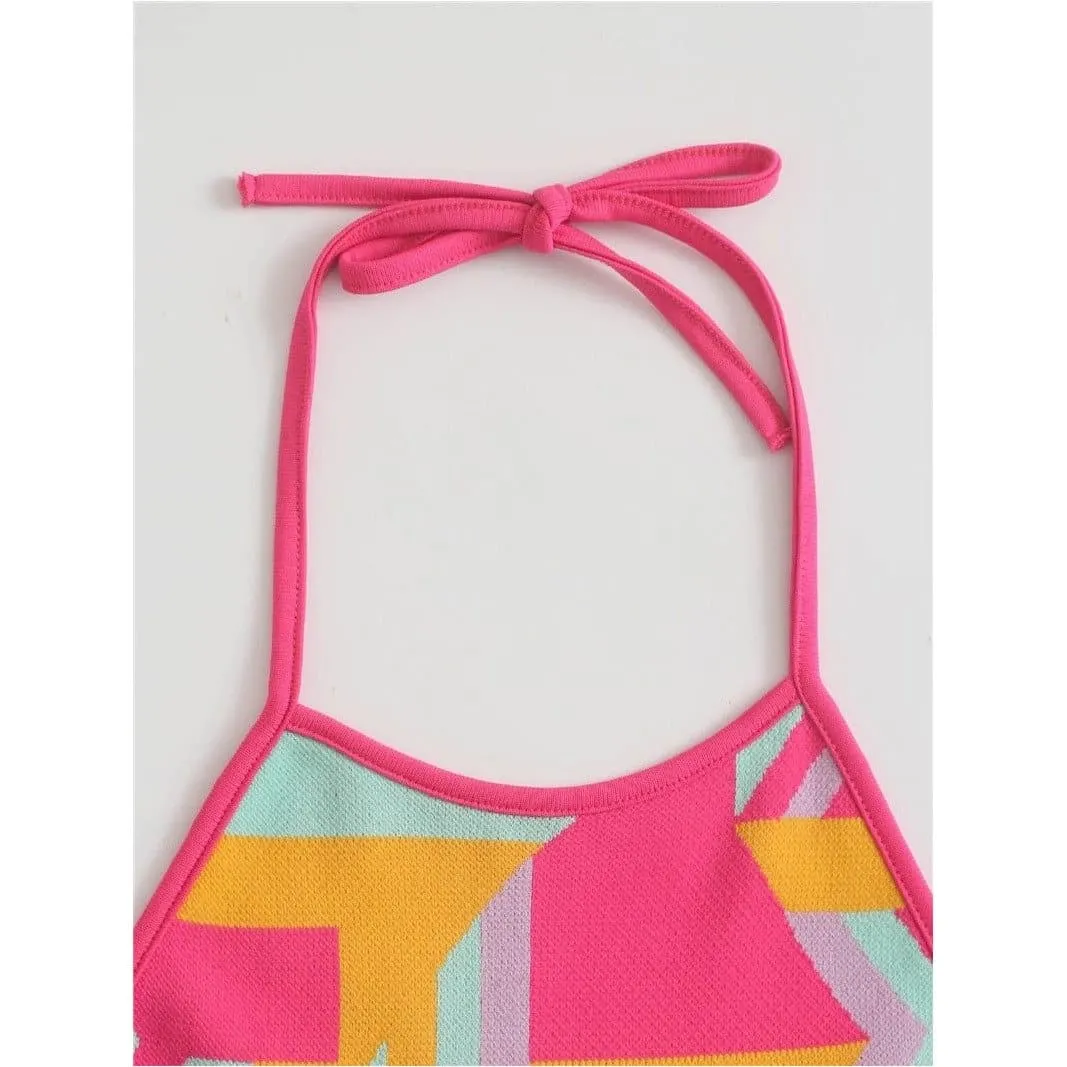 KNITTED HALTER GEOMETRIC STRAPPY CROP TOP