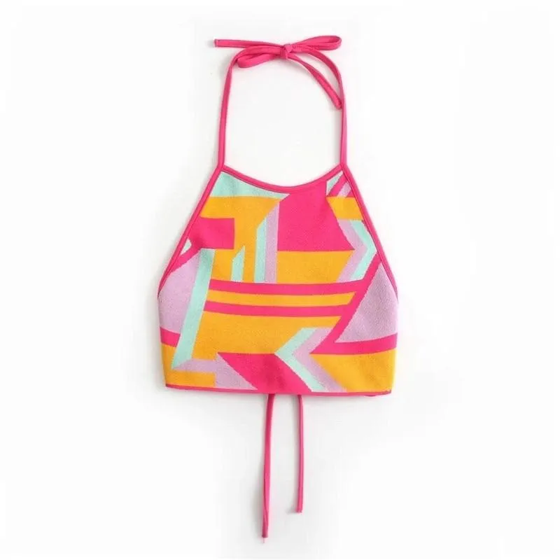 KNITTED HALTER GEOMETRIC STRAPPY CROP TOP