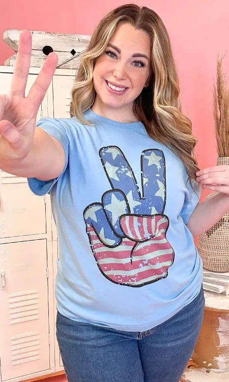 Light Blue Retro Peace Hand Patriotic Graphic Shirt