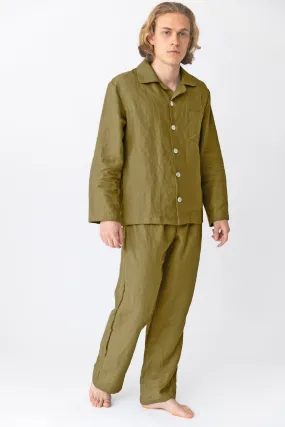 Long-sleeved linen pajamas green olive - Diego