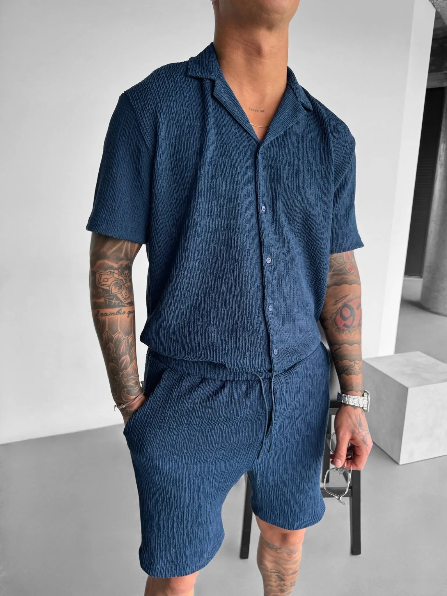 Loose Fit Crepe Shorts - Indigo