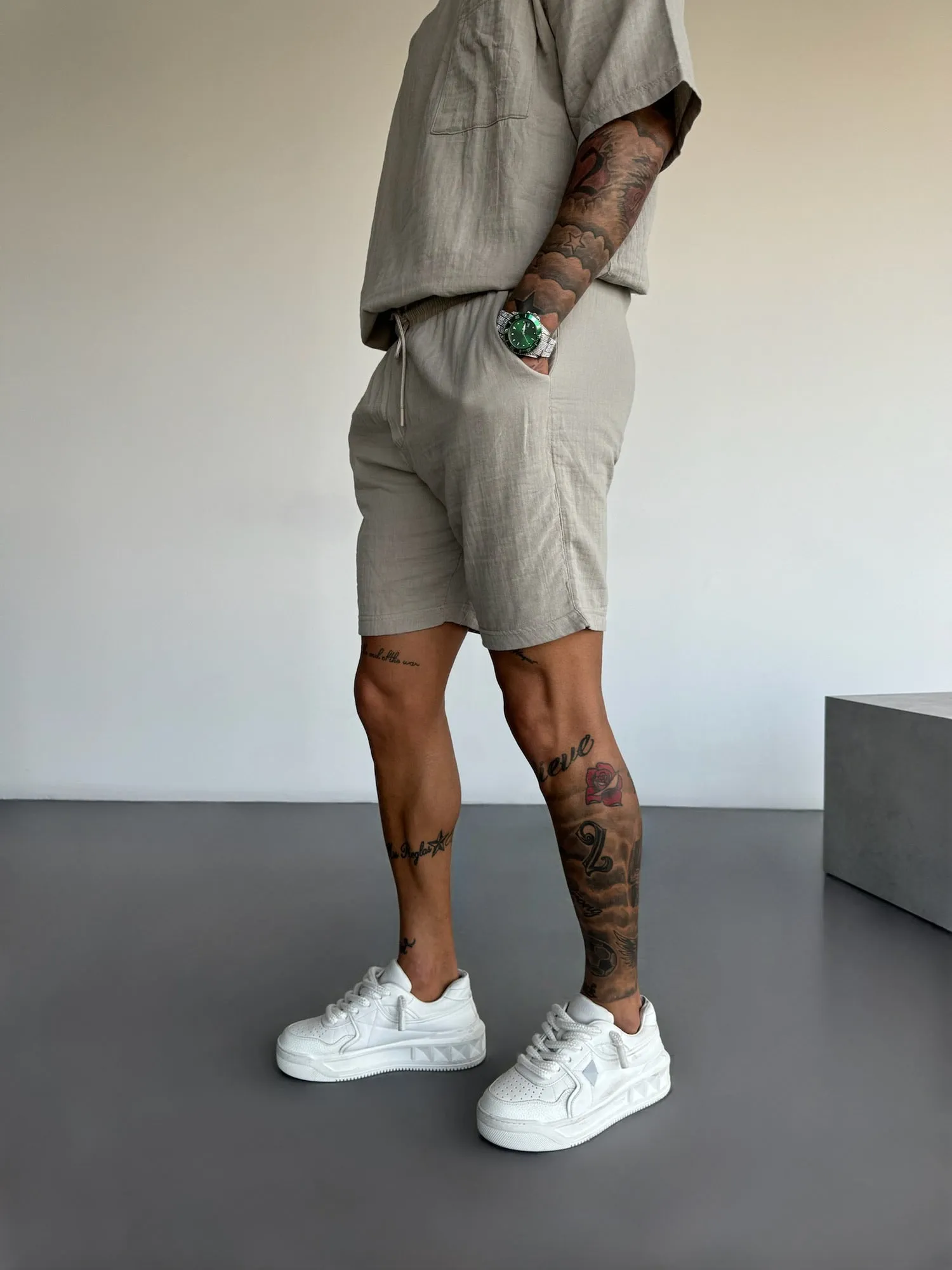 Loose Fit Linen Shorts - Stone