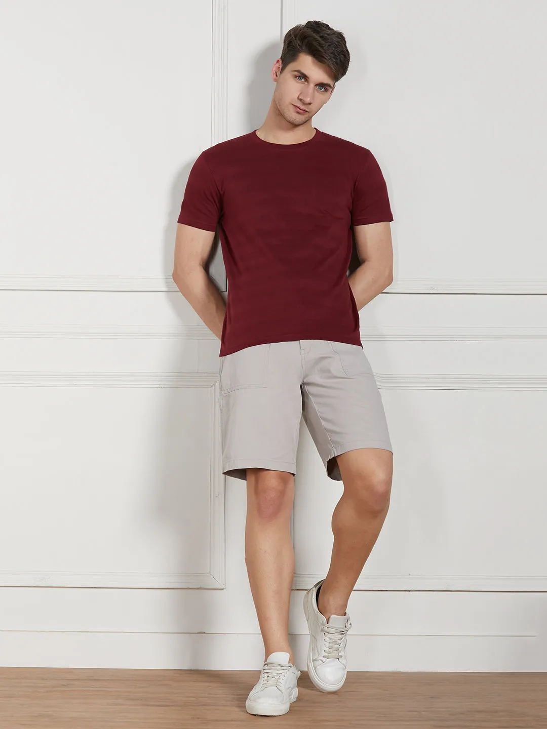 Men's Maroon Cotton Regular Fit Textured Round Neck T-Shirt