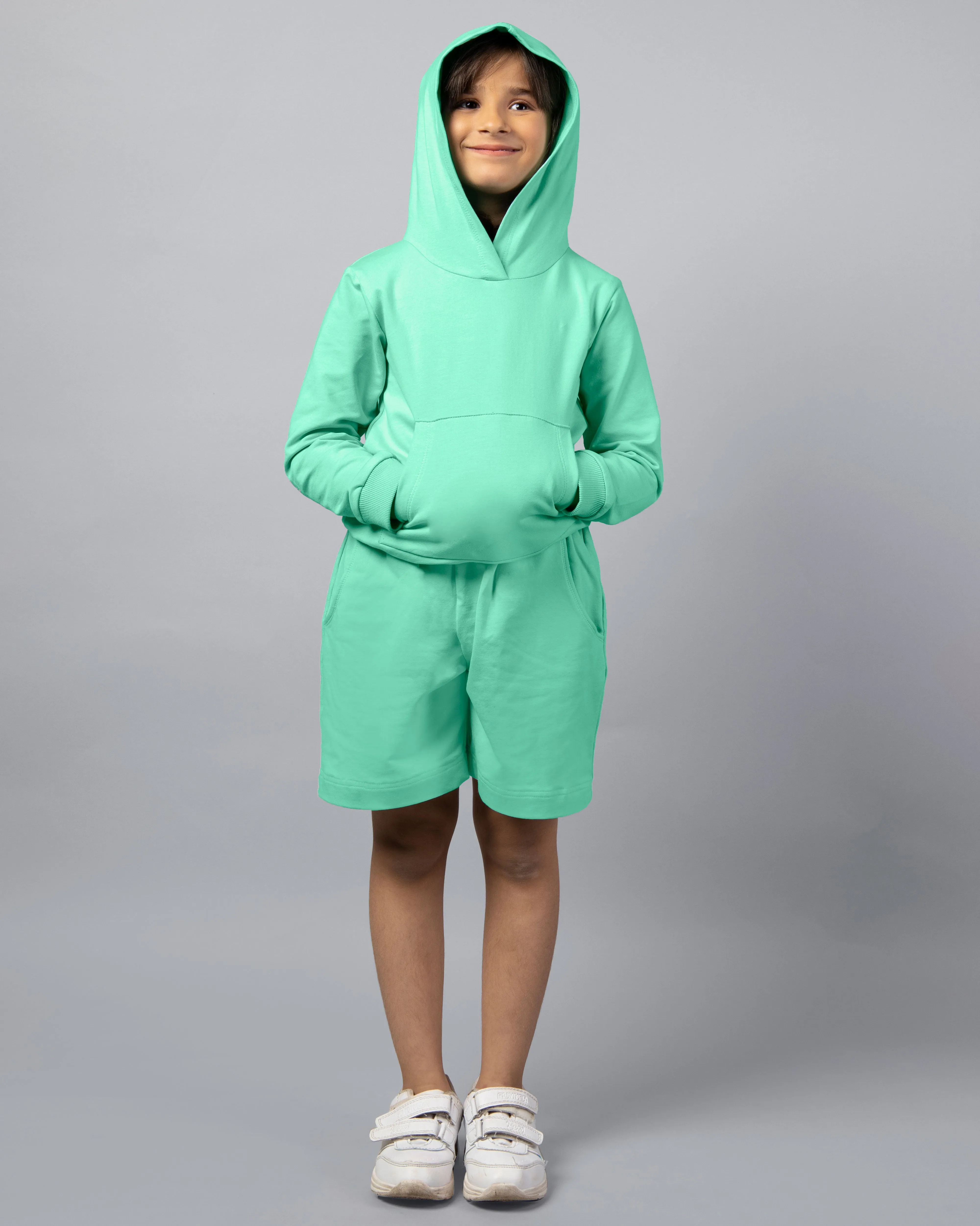 Mint Green Long Sleeve Plain Hoodie and Shorts Co-ord Set