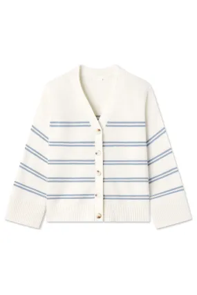 Nora Cotton Cardigan in Ivory Dusty Blue Stripe