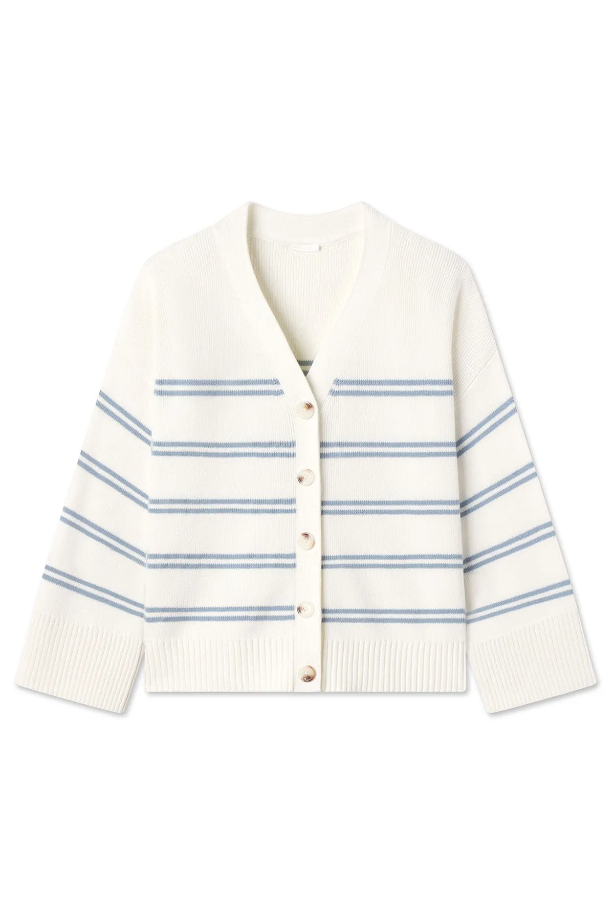 Nora Cotton Cardigan in Ivory Dusty Blue Stripe