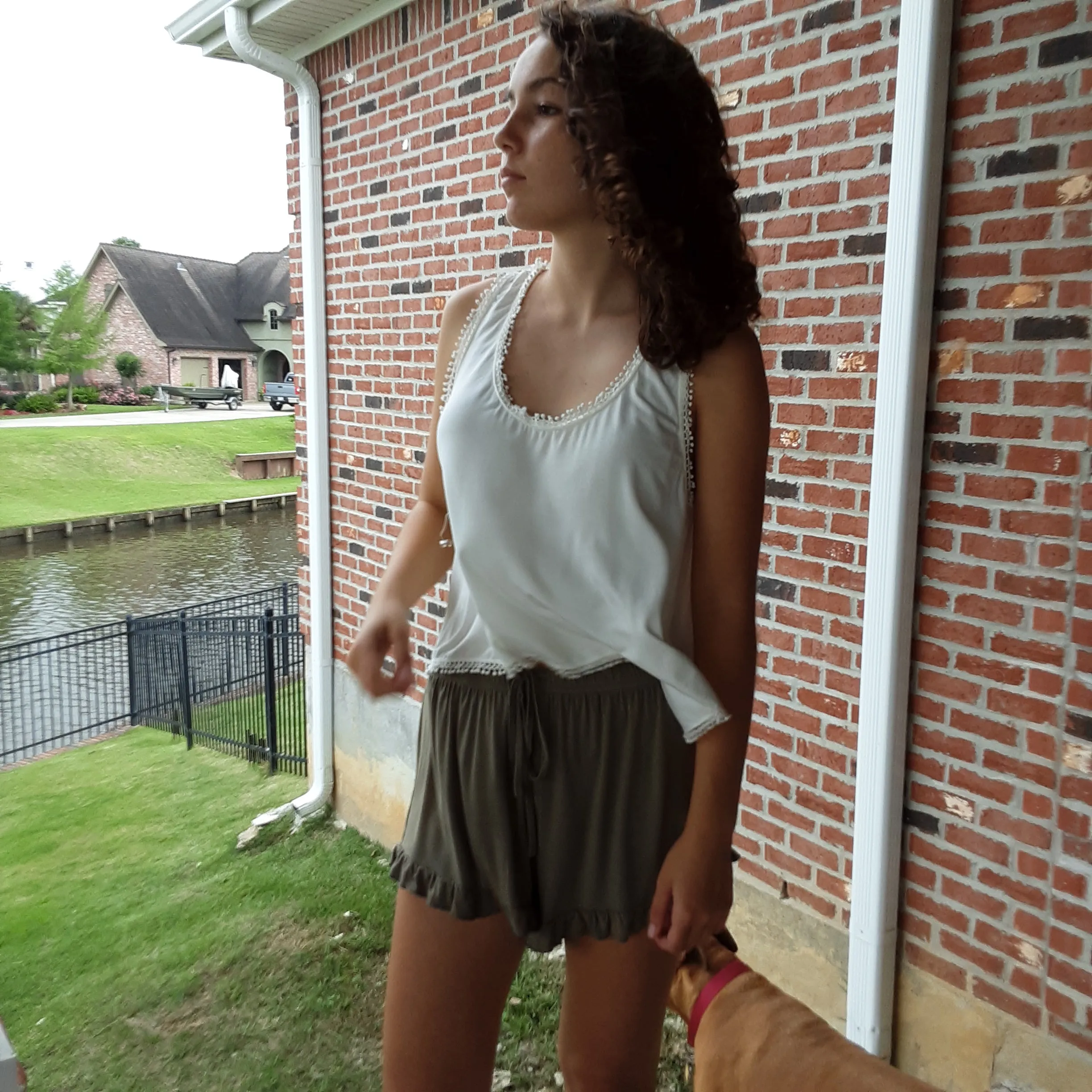 Olive Stretch Knit Ruffle Hem Shorts