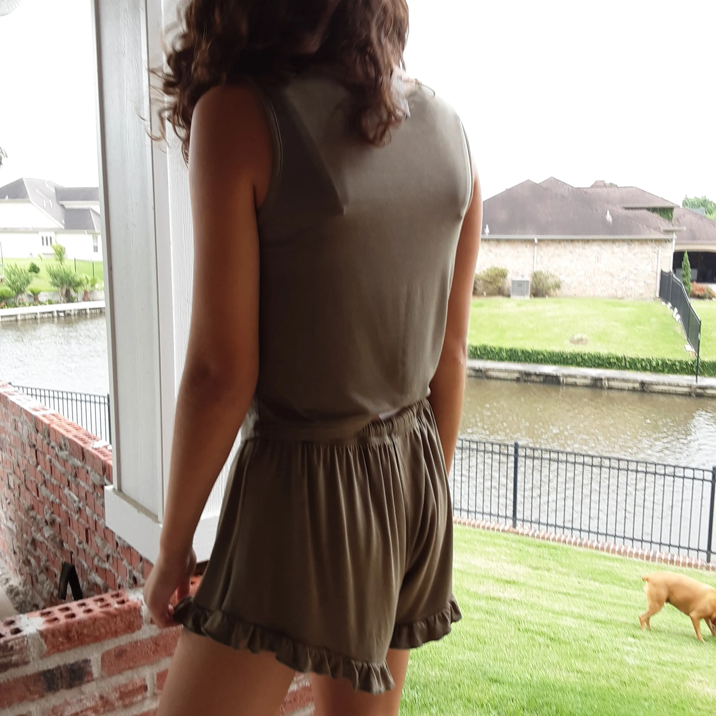 Olive Stretch Knit Ruffle Hem Shorts