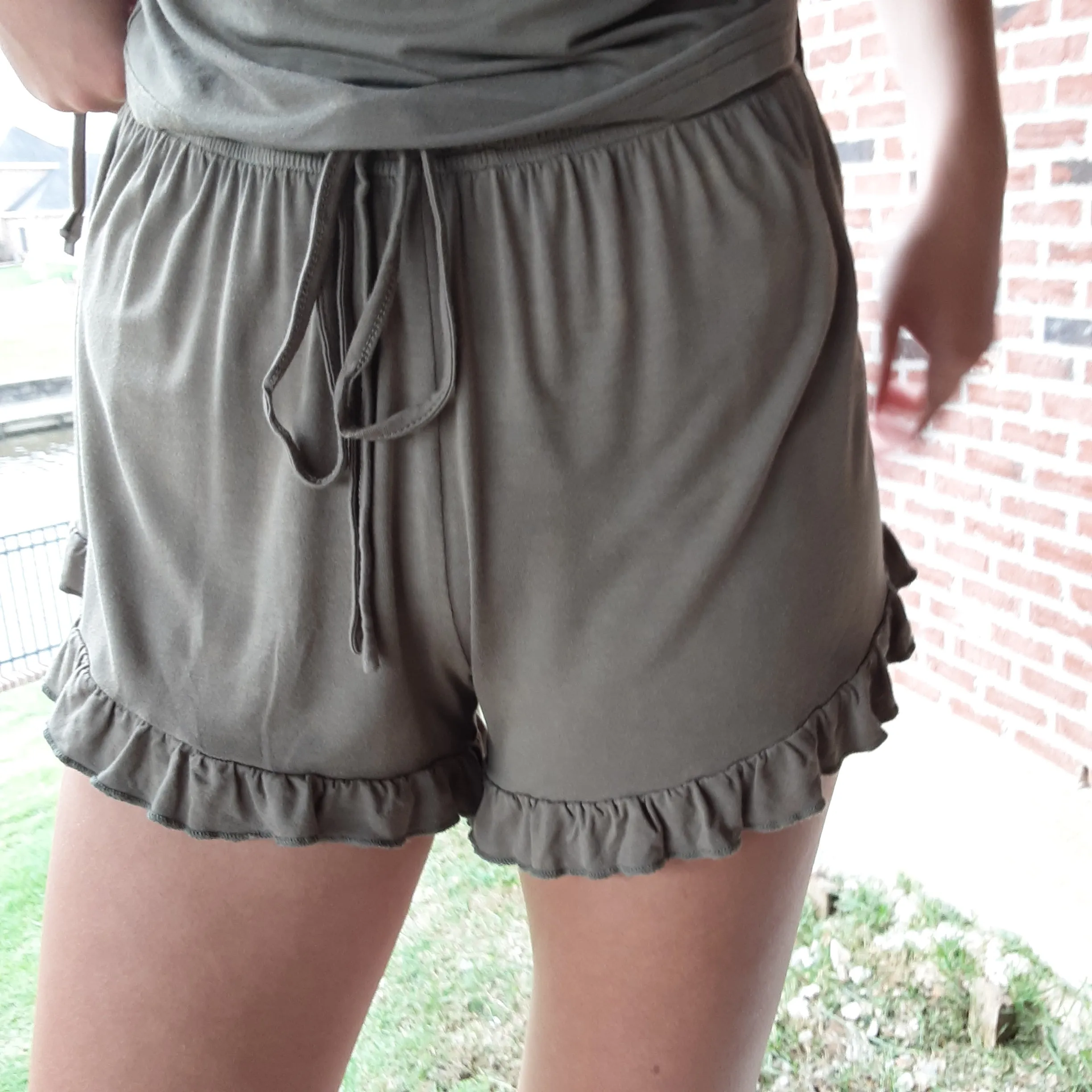 Olive Stretch Knit Ruffle Hem Shorts
