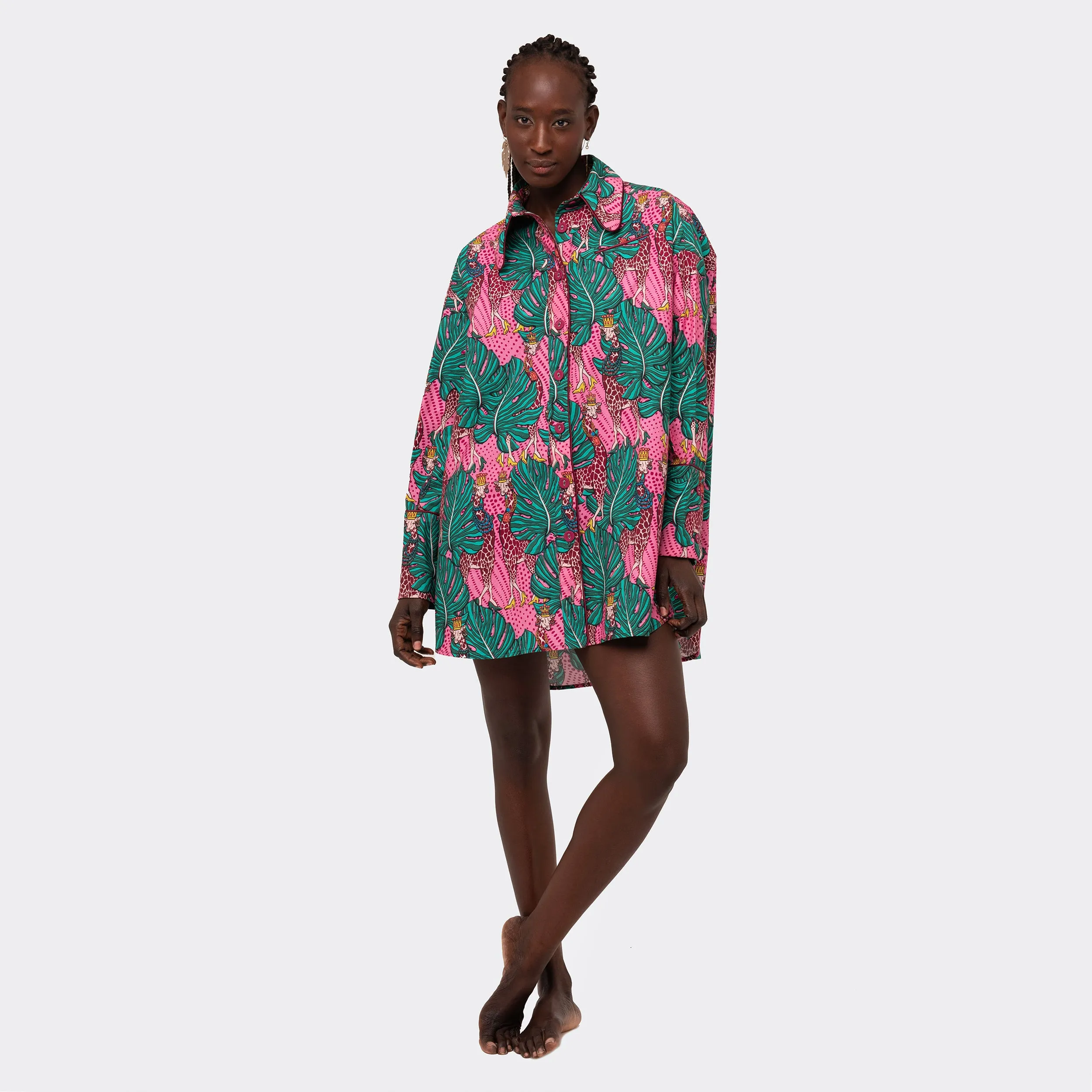 Oversize Shirt with Maxi Cuffs Pink Giraffes
