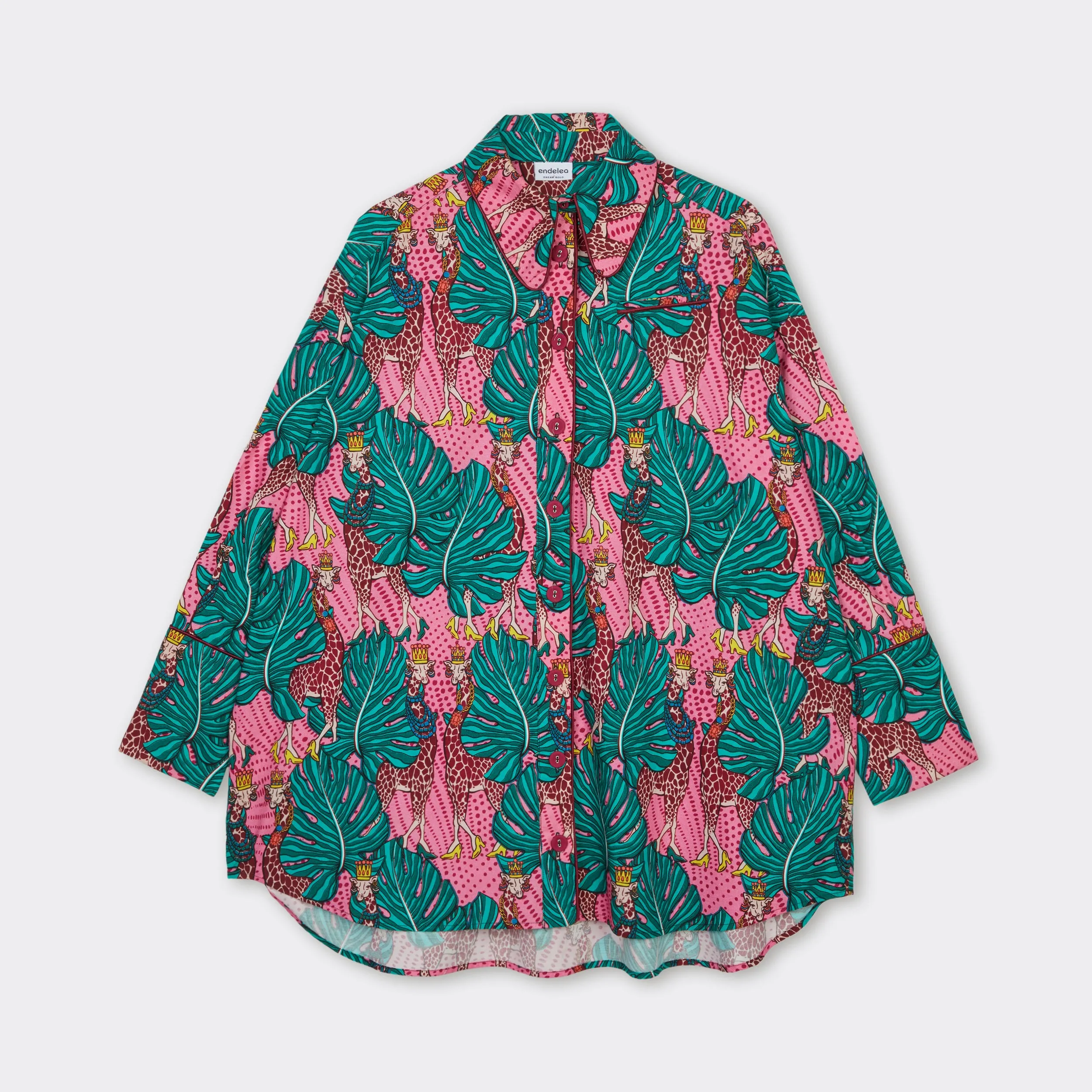 Oversize Shirt with Maxi Cuffs Pink Giraffes