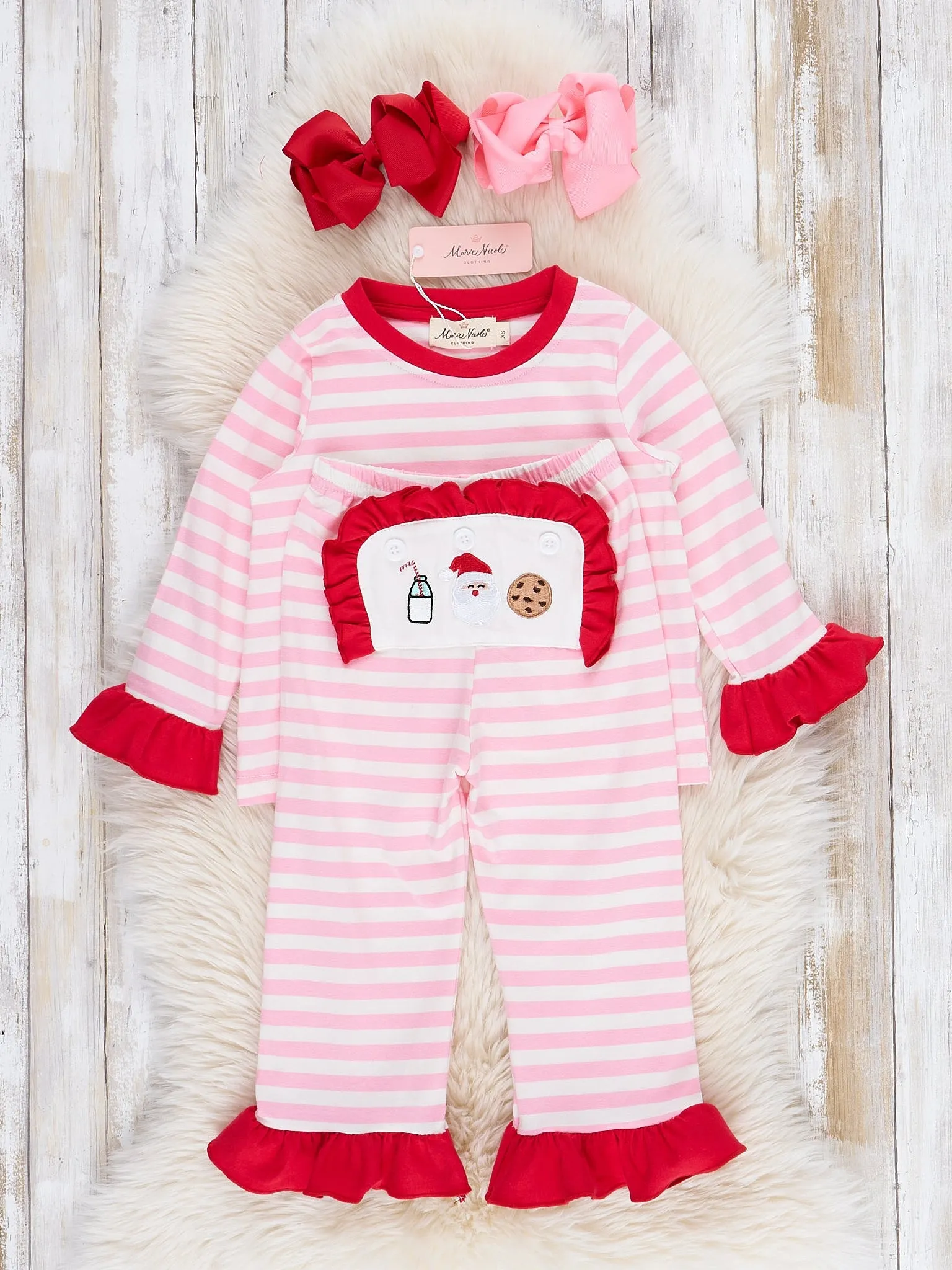 Pink Striped Embroidered Santa Cookies Pajamas